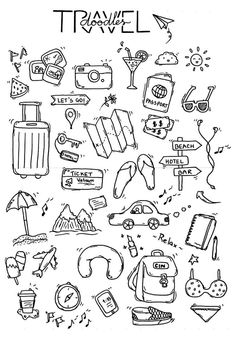 a black and white drawing of travel items on a white background with the words travel written below it