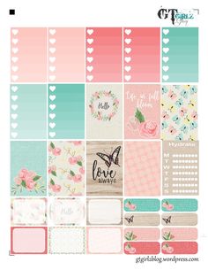 the printable planner stickers are shown with hearts and flowers