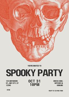 an orange and white poster with a skull on it's face, says spooky party