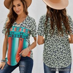 New Without Tags! Leopard Serape Print V Neck T-Shirt Loose Fit Casual V-neck T-shirt For Vacation, V-neck Graphic Print T-shirt For Vacation, Multicolor V-neck T-shirt For Vacation, Printed V-neck T-shirt For Vacation, Vacation V-neck T-shirt With Graphic Print, Green V-neck Graphic Tee, Casual Green Printed Tops, Casual Green Short Sleeve Top, Green Casual Vacation Tops