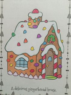 a drawing of a gingerbread house with candy canes