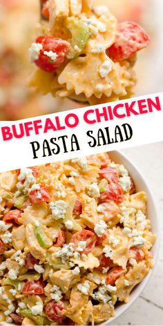 this buffalo chicken pasta salad is loaded with lots of vegetables, cheese and seasonings