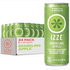 four cans of sparkling apple soda next to a box of 12 packs of izze