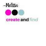 the logo for melissa create and find is shown in pink, blue, black and white