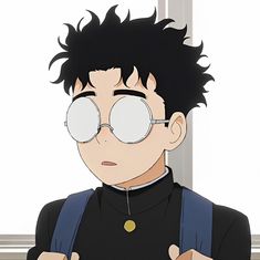 an anime character with glasses on his face looking at something in front of the camera