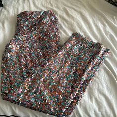 Nwt. Never Worn. Straight Let Sequin Pants. Pink/Rose/ Gold/Silver Sequins Multicolor Sequined Party Bottoms, Multicolor Sequined Bottoms For Party Season, Disco Style Multicolor Party Bottoms, Multicolor Disco Party Bottoms, Pink Sequined Pants For Party, Pink Sequined Party Pants, Multicolor Bottoms For Night Out Party Season, Multicolor Bottoms For Party Season Night Out, Fitted Multicolor Bottoms For Party Season