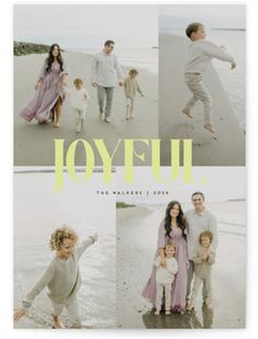 the joyful photo card features four photos of people and their children on the beach