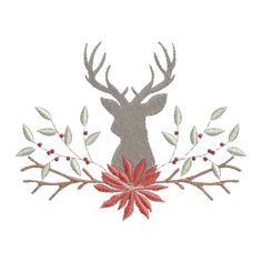 a deer with antlers and flowers on it's head is shown in this embroidery design