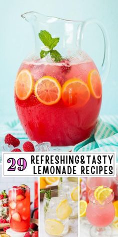 lemonade and raspberry drink in pitchers with text overlay reading 29 refreshing & tasty lemonade recipes