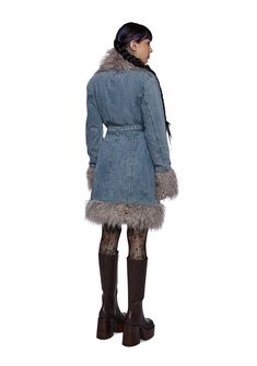 embrace the allure of faded grandeur. This coat has a washed denim construction, faux fur trim, adjustable belted ties, side pockets, and long sleeves.Related: Velvet Dress, Babydoll Dresses, Platform Heels, Weekenders, Hair Accessories, Sheer Dress, and Belts and Harness. Blue Winter Outerwear With Belted Cuffs, Fur Trench Coat, Faux Fur Trim Coat, Babydoll Dresses, Beautiful Decay, Fur Trim Coat, Free Socks, Ski Mask, Washed Denim