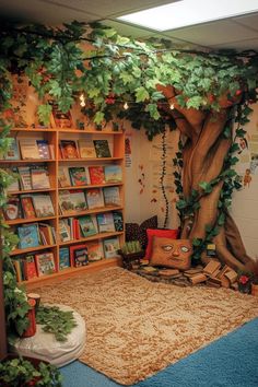 a room with bookshelves and plants on the walls, carpeted flooring