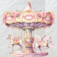 a pink carousel with two white horses on it