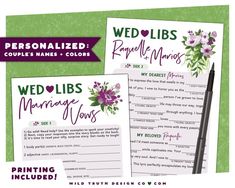 two wedding games with flowers on them and the words married, marriage vows written in purple