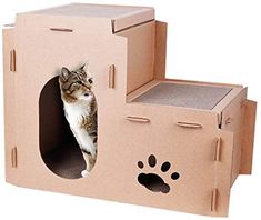 a cat in a cardboard castle with paw prints on the outside and inside, looking out