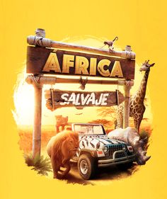 an animal is standing in front of a safari sign