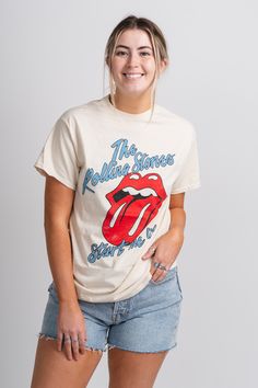 Rolling Stones start me up thrifted t-shirt - Trendy Band T-Shirts and Sweatshirts at Lush Fashion Lounge Boutique in Oklahoma City Trendy T-shirt With Funny Print For Fans, Unisex Graphic Tee For Spring, Trendy Cotton T-shirt For Fan Gear, Trendy Cotton T-shirt For Fan Merchandise, Casual Fan Merchandise T-shirt For Spring, Band Merch Cotton Top With Funny Print, Casual Spring Fan Merchandise T-shirt, Unisex Fun Cotton T-shirt, Unisex Cotton Fun T-shirt