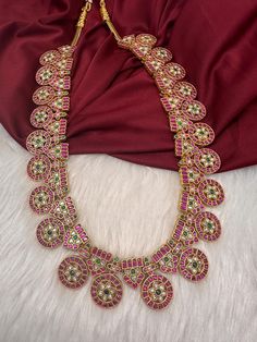 Traditional Jadau Kundan Bottu Mala Long Necklace.  Real look alike very Grand Looking necklace. Premium quality and craftmanship. Necklace length : 20 Inches comes with adjustable back Thread (dore). No Earrings  Ready to ship from Boston, Massachusetts. If you have any questions, please let me know. Thank You!! Elegant Multicolor Necklaces For Ceremonial Occasions, Elegant Long Meenakari Necklaces, Elegant Long Meenakari Necklace, Pink Necklace With Intricate Design For Festive Occasions, Elegant Long Necklace With Cutdana, Gold Fusion Style Bridal Necklace With Cutdana, Pink Necklaces With Intricate Design For Festive Occasions, Festive Pink Necklace With Intricate Design, Hallmarked Multicolor Necklaces For Wedding