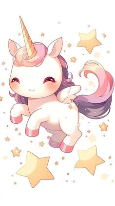 an adorable little unicorn flying through the air with stars around it's neck and head