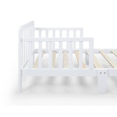 a white bed frame with wooden slats on the bottom and side rails, in front of a white background