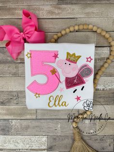 a pink and gold birthday shirt with a peppo the pig number five on it