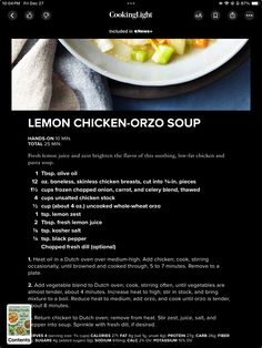 the recipe for lemon chicken orzo soup is shown