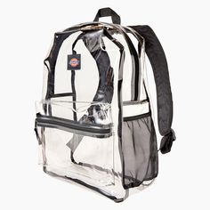 Whether you're headed to campus or going out to a concert, festival, or sporting event, our clear backpack is the perfect accessory. The backpack has adjustable padded shoulder straps you can count on for all-day comfort, a spacious main compartment, side water bottle pocket, and a small zippered pocket to keep your phone, keys, and wallet secure. Dimensions: 23L; 17" x 13" x 5.7" Side water bottle pocket Padded shoulder straps Large main compartment; Front zip compartment 100% Clear PVC Casual Clear Backpack For Daily Use, Casual Clear Backpack For School, Clear Backpack With Clear Strap For Students, Clear Backpack With Transparent Straps, Clear Standard Backpack For Students, Student Clear Standard Backpack, Nylon Backpack With Transparent Straps For Everyday Use, Nylon Backpack With Clear Strap For Daily Use, Casual Clear Backpack For Travel