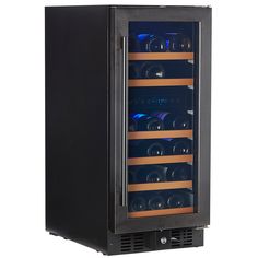 a black wine cooler with many bottles in it's door and two shelves on the side