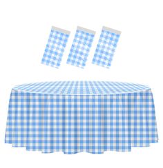 a blue and white checkered table cloth with two pieces of paper sticking out of it