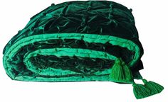 a green and black bag with tassels on it