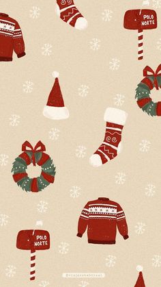 christmas sweaters and hats are on a beige background