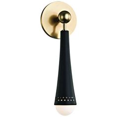 a black and gold wall light with a white ball on the back of it's arm