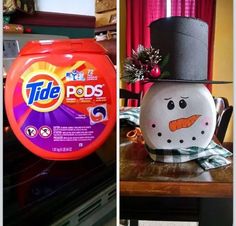 two pictures side by side one has a toilet paper holder and the other has a snowman