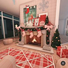 a living room decorated for christmas with stockings and stockings on the fire place in front of a fireplace