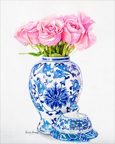 a painting of pink roses in a blue and white vase with an ornament