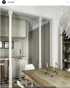 a dining room table and chairs in front of a kitchen