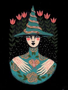 a woman wearing a witches hat and holding her hands in front of her face, with flowers