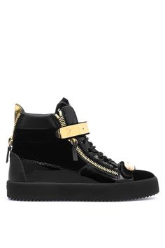 Find GIUSEPPE ZANOTTI Coby on Editorialist. High-top lace-up sneakers in velvet and patent leather with two metal plaques, side zips and rubber sole. Womens mid-top sneakerBlack velvet upperBlack patent leather insertRubber sole Origin Italy Color Black More Less Platform Converse, Top Sneakers Women, Mid Top Sneakers, Giuseppe Zanotti Shoes, Designer Trainers, Balenciaga Triple S, Evening Shoes, Sneakers Blue, Designer Sneakers