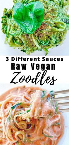 two different types of raw vegan zoodles with text overlay that reads, 3 different sauces raw vegan zoodles