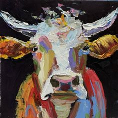 a painting of a cow's face on a black background