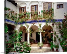 an outdoor courtyard with potted plants and flowers on the balconies above it