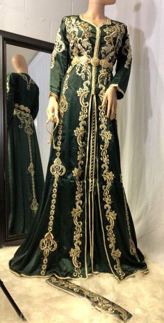 Arabic bridal dresses are presented with golden embroidered work of zardozi & threads. You can order Arabic bridal dresses in USA with fast delivery Floor-length Green Embroidered Fabric, Green Intricate Embroidered Floor-length Fabric, Green Intricate Embroidery Floor-length Fabric, Gold Anarkali Gown With Gold Embroidery, Gold Dabka Dress For Reception, Gold Dabka Reception Dress, Green Traditional Wear With Intricate Embroidery Floor-length, Green Floor-length Traditional Wear With Intricate Embroidery, Green Embroidered Floor-length Traditional Wear