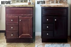 before and after photos of a bathroom vanity