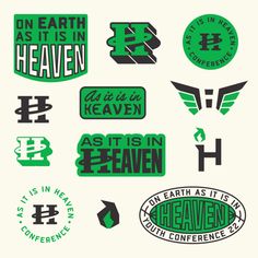 various stickers and decals on the side of a white wall with green lettering