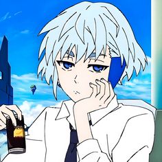 an anime character holding a bottle and looking at something in the distance with his hand