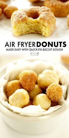 an image of doughnuts made with quick fix biscuit dough in a bowl