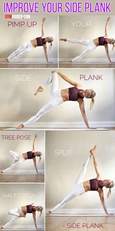 a woman doing yoga poses with the words improve your side plank