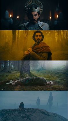 three different scenes from the same movie, one with a man in armor and another with a