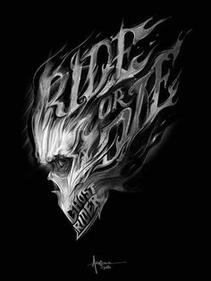 a black and white drawing of a skull with the words ride or die on it