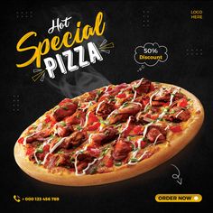 an advertisement for a pizza with meats and cheese on the top, in front of a black background