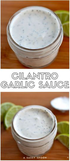 two pictures showing the process for making garlic sauce in small glass bowls with limes around them